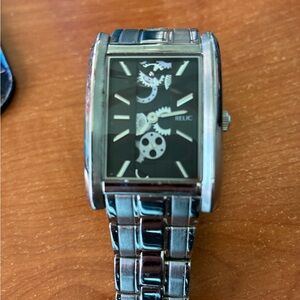 Relic Men's Silver Bracelet Watch with Black Dial and Skeleton Accents